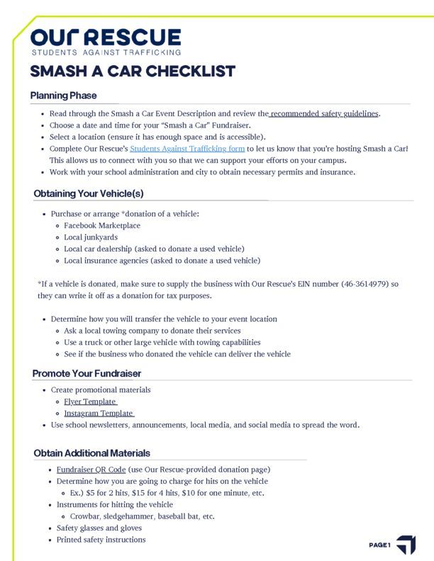 Smash a Car Event Checklist