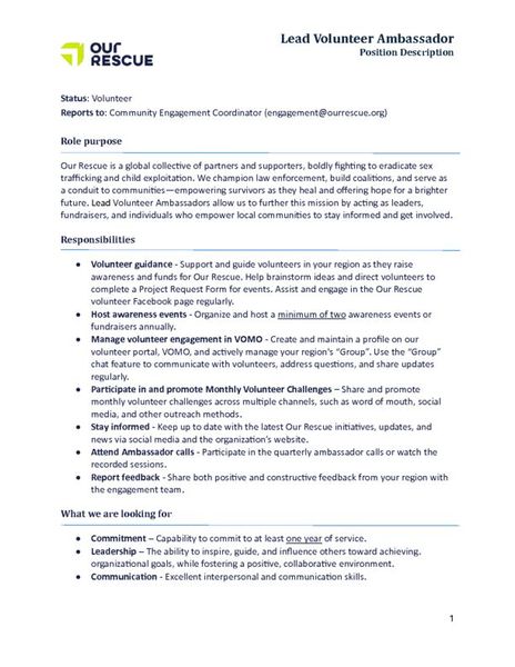 Lead Volunteer Position Description
