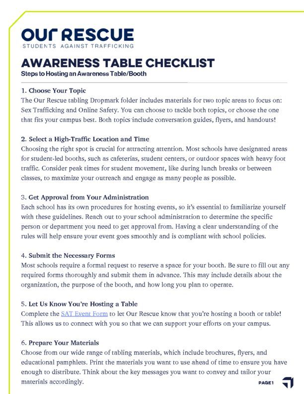 Awareness Booth Event Checklist