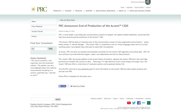 Accent 1200 PRC Announces End of Production of the Accent™ 1200 - AAC and Speech Devices from PRC