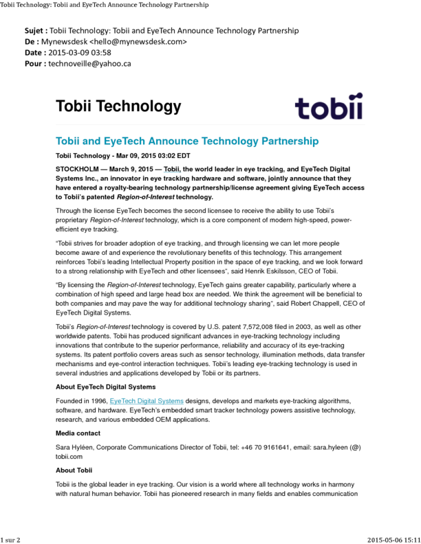 Tobii Technology_ Tobii and EyeTech Announce Technology Partnership