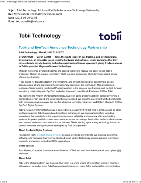 Tobii Technology_ Tobii and EyeTech Announce Technology Partnership