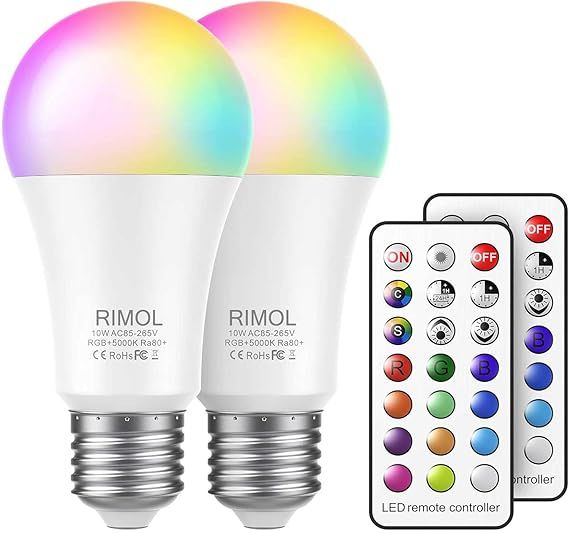 RIMOL Lot de 2 ampoules à changement de couleur 10 W RVB avec télécommande infrarouge A19 pour d…
