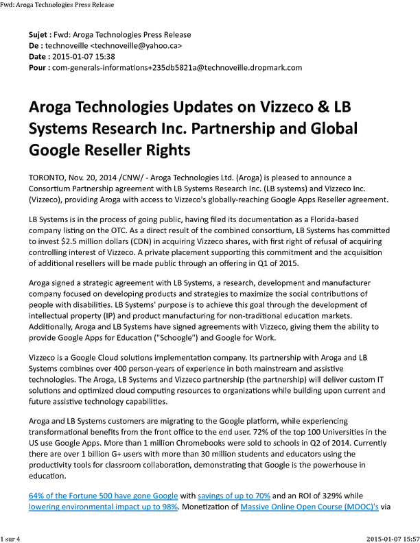 Fwd_ Aroga Technologies Press Release