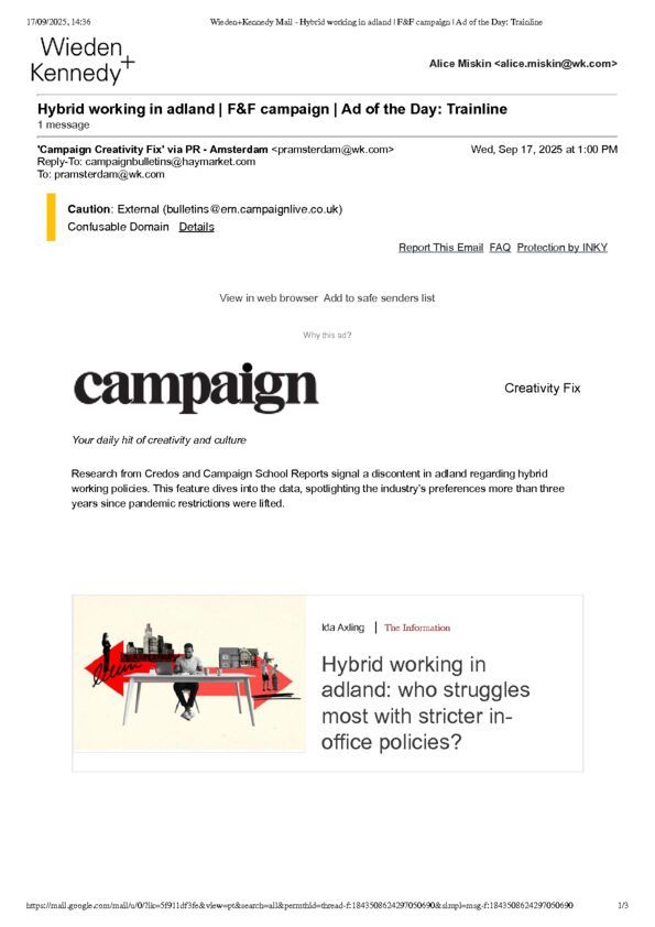 Wieden Kennedy Mail - Hybrid working in adland _ FF campaign _ Ad of the Day_ Trainline