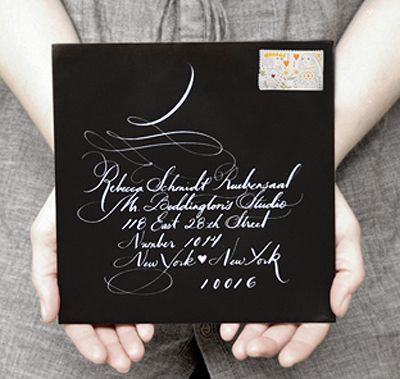 Great calligraphy on black square envelope by Mr Boddington's Studio http://www.mrboddington.com/