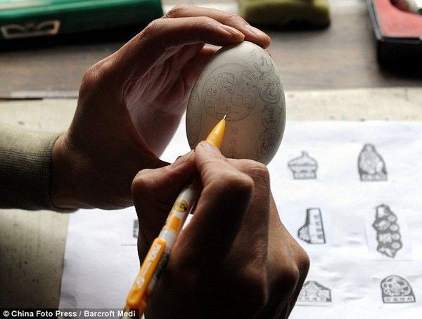 Sculptures carved from egg shells by Chinese artist Wen Fuliang