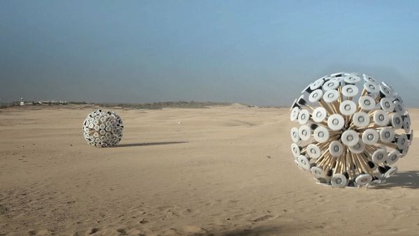 The Mine Kafon is a low-cost wind-powered mine detonator with the appearance of a giant, spiky-arme…