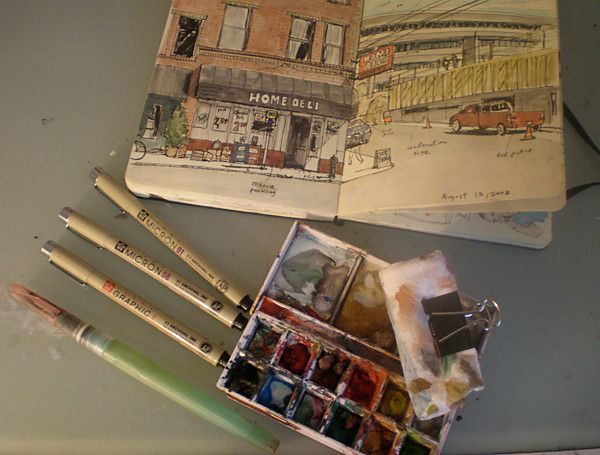 Urban Sketching Kit by Gabi Campanario    • Micron pens: 1, 08 and 01  • Niji waterbrush  • W…
