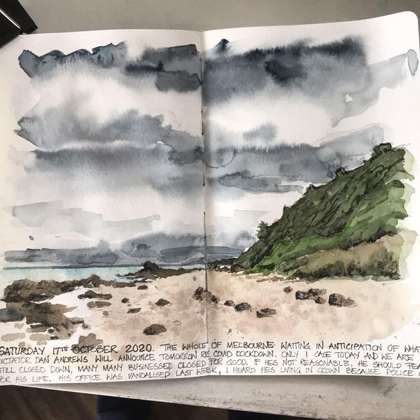 Helen Lovett on Instagram: “#morningwalk #mornington #beachwalk #mteliza #moleskinwatercolorsketc…
