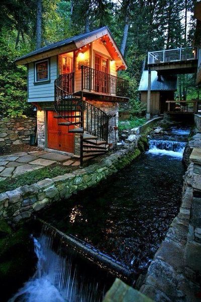 Tiny house by zen river in the forest. DIVINE