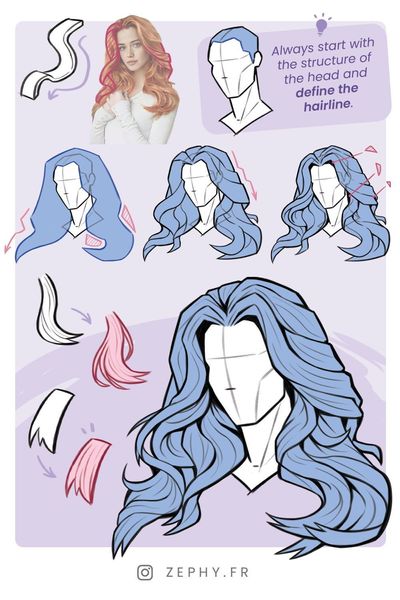 How to draw long hair - Discover all our drawing tutorials on our blog and Instagram @zephy.fr Hair…