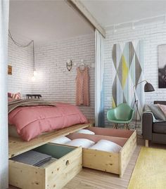 Studio Apartment Decorating Tips - Create separate levels in your space. bedroom organization idea
