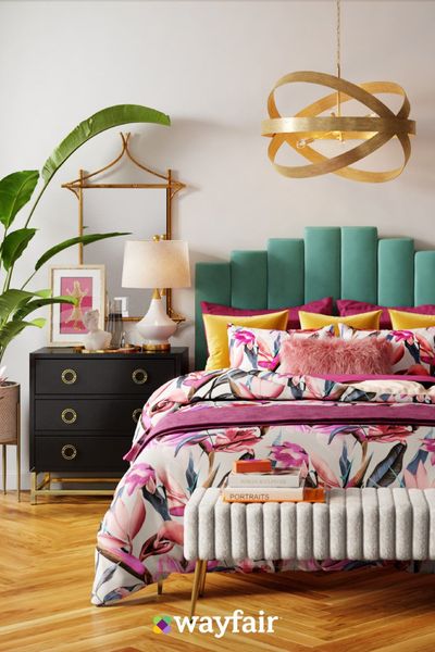 Turn your bedroom into a colorful, maximalist oasis with patterned bedding, bold headboard, and sta…