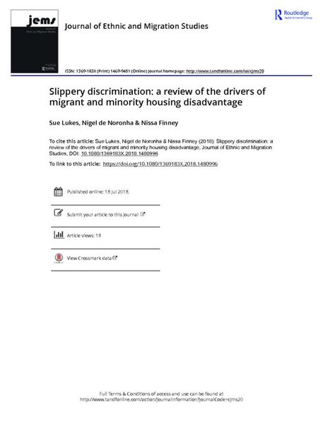 cover: Slippery discrimination a review of the drivers of migrant and minority housing