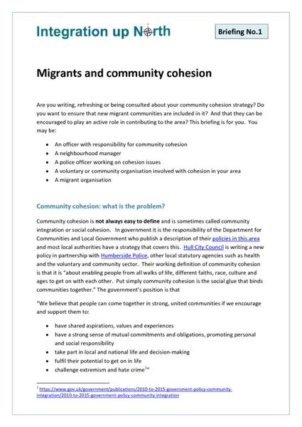 cover: Briefing 1 - Migrants and Community Cohesion