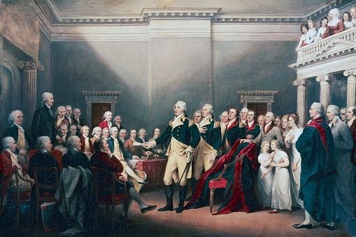 Fine art : The Resignation of General Washington, December 23, 1783, 1824-1828, by John Trumbull (1…