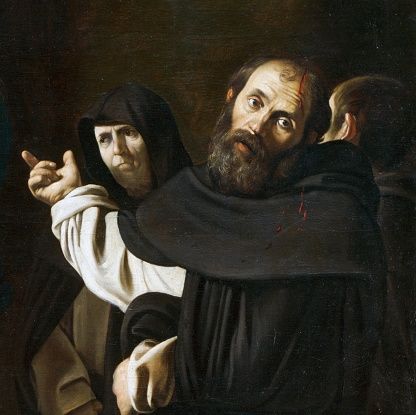 Fine art : St Peter Martyr (1205-1252), detail from Madonna of the Rosary, 1606-1607, by Michelange…