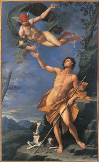 mercury-and-paris-by-donato-creti-18th-century-oil-on-canvas-illustration-id132701545