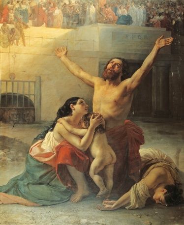 family-of-primitive-christians-about-to-be-devoured-by-wild-beasts-by-illustration-id153417549
