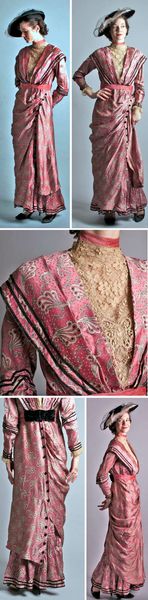 1910s mauve polka dot silk jacquard dress w/black & white print. Double cuffed sleeves w/black velv…