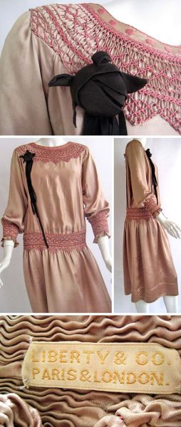 Day dress, Liberty & Co., ca. 1920s. Silk charmeuse peasant dress with smocking and black rose. Han…