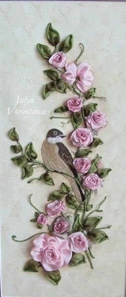 Ribbon Work roses with bird Nakış kurdeleler
