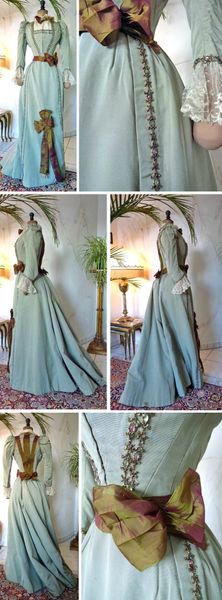 Two-piece walking dress, circa late 1890s. Pale green silk faille. Boned bodice lined in green cott…