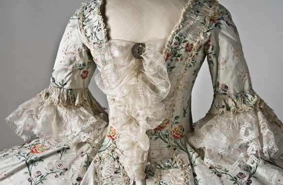 Bodice and stomacher detail of a Robe à la française, ca. 1770s, (french origin?), Norway. Painte…