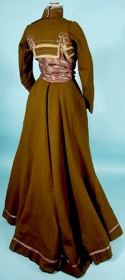 c. 1900 Victorian Gown / Gibson Era Brown Wool and Paisley Silk 2-piece Gown, back view