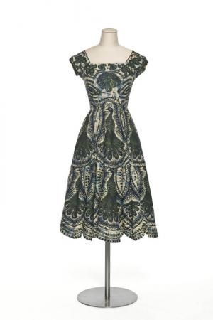 Carven cotton peacock print afternoon dress 1949
