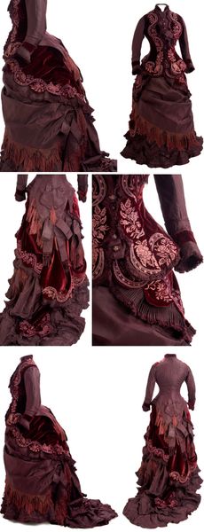 Reception gown, Jane E. Turner, New York, 1877. Two-piece dress of claret-colored velvet and taffet…