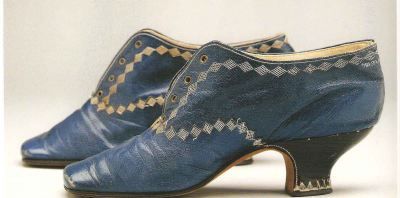 Blue kid leather shoes, French. c. 1868-1875.