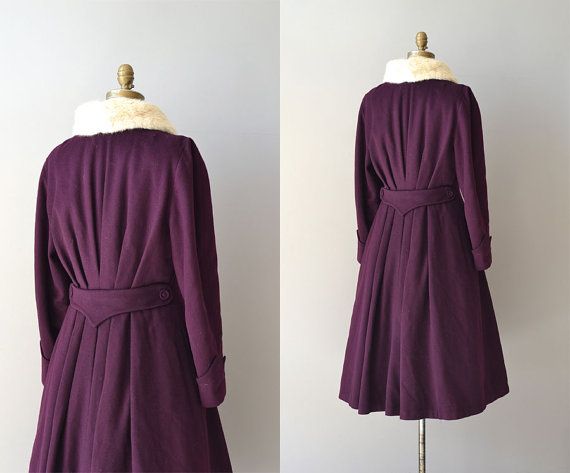 Vintage 1940s aubergine wool princess coat with white sheared fur collar, double breasted wool cove…