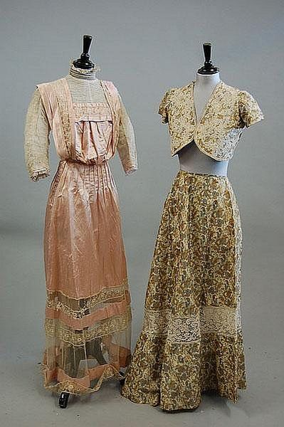 A group of summer dresses, circa 1900, comprising: printed silk skirt with matching bolero and lace…