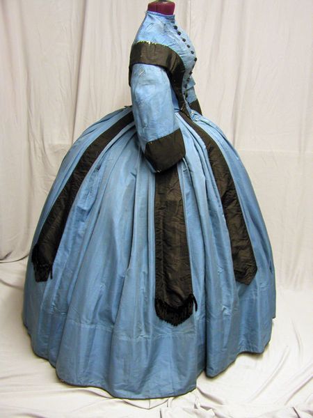 1860s Blue and Black Promenade Dress.