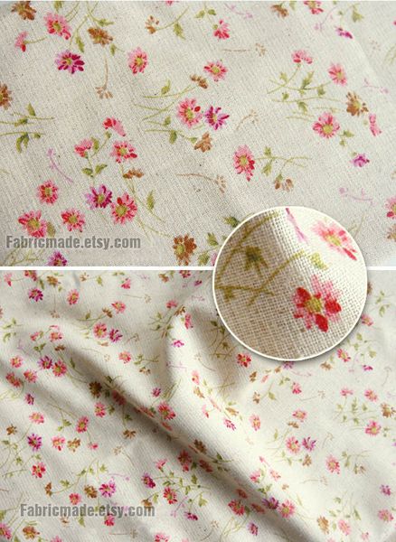 Little Daisy Floral Fabric Linen Cotton Shabby Chic Flower Pink Daisy on Beige Vintage Retro Style-…