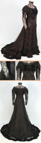 One-piece black lace evening gown, Bonnaire, Paris, ca. 1906. Boned high-necked bodice, ruffled acr…