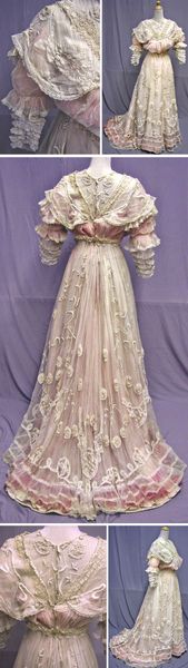 Reception gown for summer, ca. 1902. Ivory cotton netting with Cluny lace in a floral pattern, with…