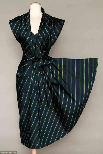 PATULLO-JO COPELAND DRESS, 1940s Dinner dress of ribbed navy, green & yellow striped silk, shawl co…