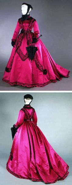 Dress, possibly American, ca. 1866-68. Four pieces: 2 bodices, skirt, and belt. Magenta silk satin …