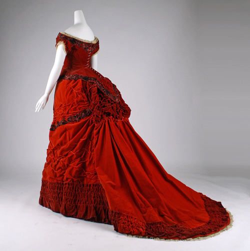 Red 1870s ball gown
