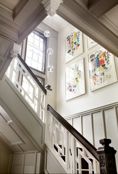 #Craftsman style wooden #staircase with #traditional details and #contemporary art