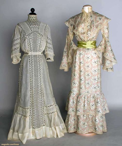 TWO TEAGOWNS, 1905-1910 Both fine cotton: 1 1-piece white w/ lace & eyelet insertions, B 40", W 27"…