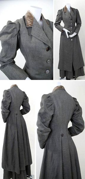 Tailored walking suit ca. late 1890s. Front wild mussel shell button, velvet facing on collar, puff…