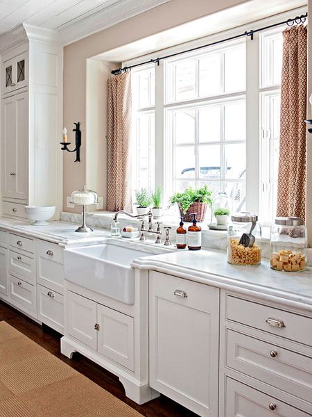 Kitchen Envy! Marble Countertops + Farmhouse Sink + Sunny Window Spot for Potted Plants