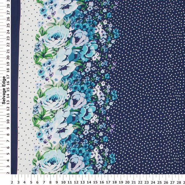 Challis Fancies - Blue Floral Border on Navy Dot Rayon Fabric