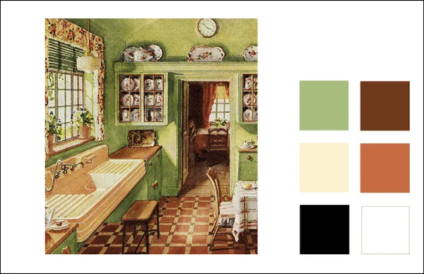 1929 Kitchen Color Scheme - Red, Orange, Green, Ivory - Vintage Color - Antique Home & Style