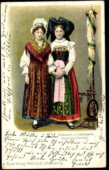 Litho Volkstrachten aus Elsaß Lothringen, Spinnrad (Folk costume from Alsace Lorraine)