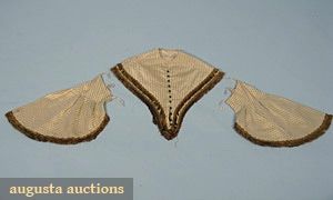 Late 1850's Cream silk with verticle green dash brocade, tie on pagoda sleeves and buttoned pelerin…